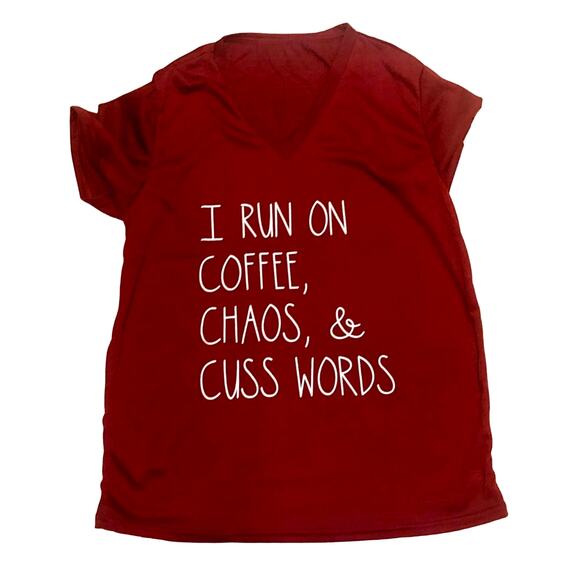 Franeca's Coffee Chaos & Cuss Words T-Shirt Wine Red V-Neck T-Shirt Small - Picture 1 of 4